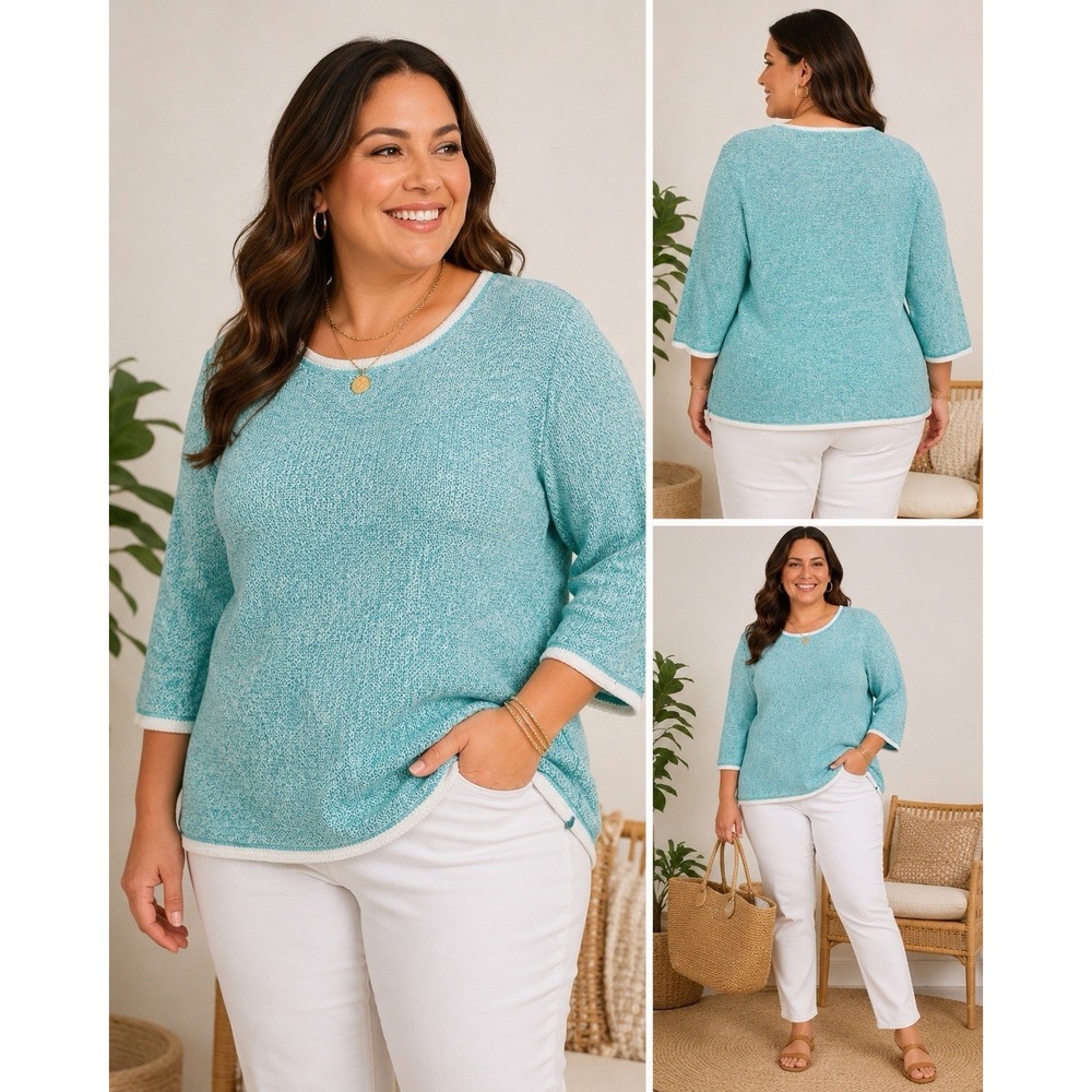 Chico's 100% Cotton Marled Sweater Turquoise White 3/4 Sleeve Size 2‎